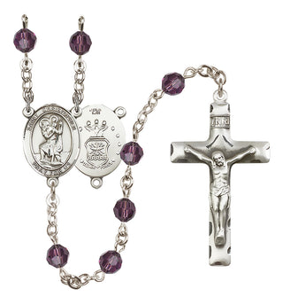 Sterling Silver 6mm Austrian Crystal Saint Christopher / Air Force Rosary in Amethyst