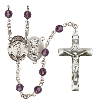 Sterling Silver 6mm Austrian Crystal Saint Christopher/Golf Rosary in Amethyst