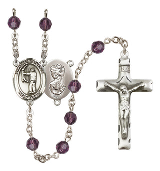 Sterling Silver 6mm Austrian Crystal Saint Christopher/Archery Rosary in Amethyst