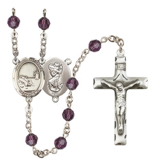 Sterling Silver 6mm Austrian Crystal Saint Christopher / Fishing Rosary in Amethyst