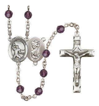 Sterling Silver 6mm Austrian Crystal Saint Christopher / Football Rosary in Amethyst