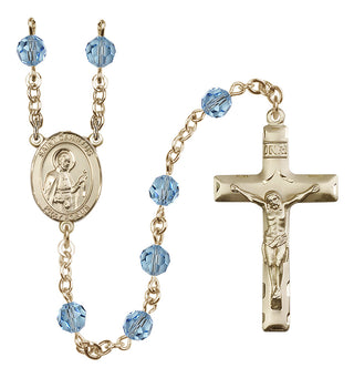 14 Karat Gold-Filled 6mm Austrian Crystal Saint Camillus of Lellis Rosary in Aqua