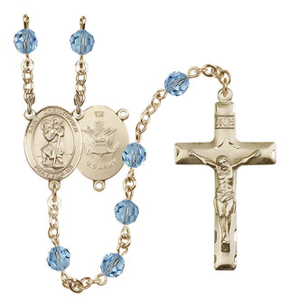 14 Karat Gold-Filled 6mm Austrian Crystal Saint Christopher / Army Rosary in Aqua