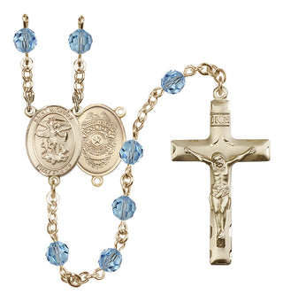 14 Karat Gold-Filled 6mm Austrian Crystal Saint Michael the Archangel/Policeman Rosary in Aqua