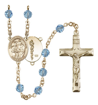 14 Karat Gold-Filled 6mm Austrian Crystal Saints Cosmas & Damian / Doctors Rosary in Aqua