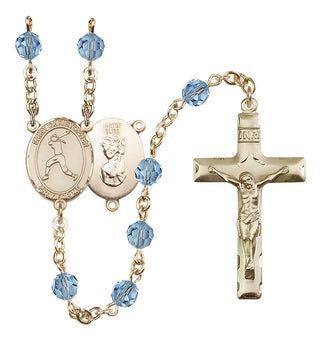 14 Karat Gold-Filled 6mm Austrian Crystal Saint Christopher/Softball Rosary in Aqua