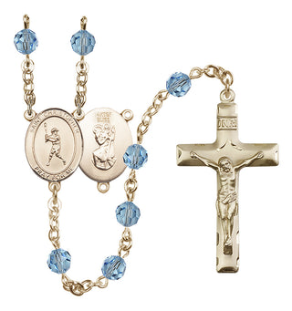 14 Karat Gold-Filled 6mm Austrian Crystal Saint Christopher/Baseball Rosary in Aqua