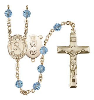 14 Karat Gold-Filled 6mm Austrian Crystal Saint Christopher/Ice Hockey Rosary in Aqua