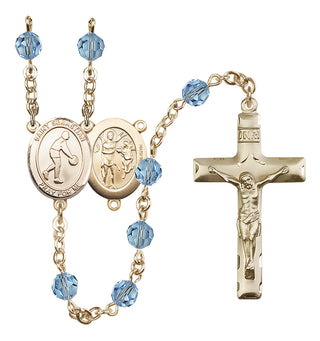 14 Karat Gold-Filled 6mm Austrian Crystal Saint Sebastian/Basketball Rosary in Aqua