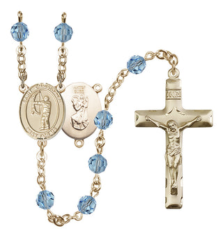 14 Karat Gold-Filled 6mm Austrian Crystal Saint Christopher/Archery Rosary in Aqua