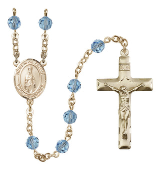 14 Karat Gold-Filled 6mm Austrian Crystal Virgen del Fatima Rosary in Aqua