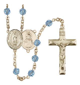 14 Karat Gold-Filled 6mm Austrian Crystal Virgen de Guadalupe Rosary in Aqua