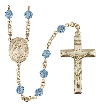 14 Karat Gold-Filled 6mm Austrian Crystal Saint Bede the Venerable Rosary in Aqua