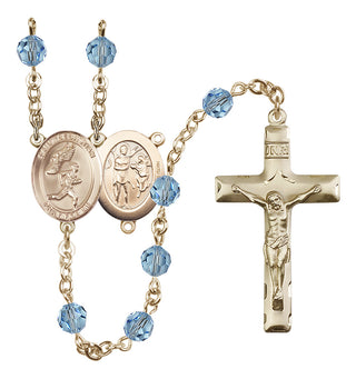 14 Karat Gold-Filled 6mm Austrian Crystal Saint Sebastian /Track&Field-Men Rosary in Aqua