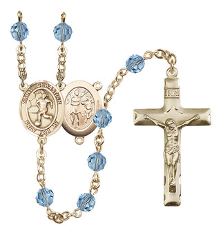 14 Karat Gold-Filled 6mm Austrian Crystal Saint Sebastian/Soccer-Women Rosary in Aqua