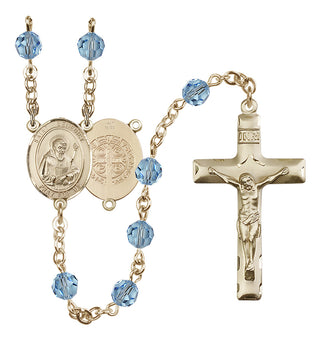 14 Karat Gold 6mm Austrian Crystal Saint Benedict Rosary in Aqua