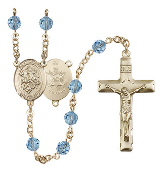 14 Karat Gold 6mm Austrian Crystal Saint George / Army Rosary in Aqua
