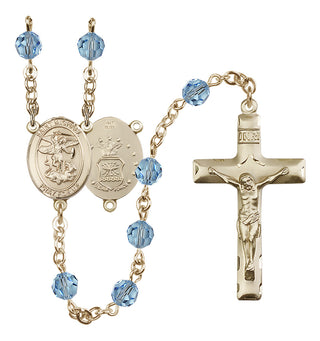 14 Karat Gold 6mm Austrian Crystal Saint Michael / Air Force Rosary in Aqua