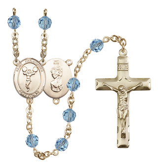 14 Karat Gold 6mm Austrian Crystal Saint Christopher/Cheerleading Rosary in Aqua
