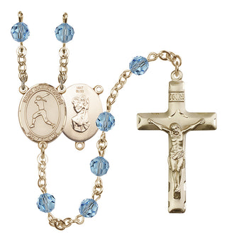 14 Karat Gold 6mm Austrian Crystal Saint Christopher/Softball Rosary in Aqua