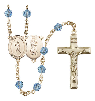 14 Karat Gold 6mm Austrian Crystal Saint Christopher/Baseball Rosary in Aqua