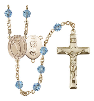 14 Karat Gold 6mm Austrian Crystal Saint Christopher/Golf Rosary in Aqua