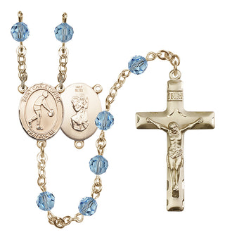 14 Karat Gold 6mm Austrian Crystal Saint Christopher/Basketball Rosary in Aqua