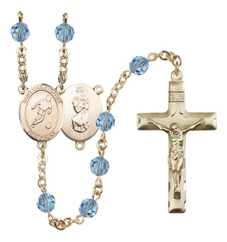 14 Karat Gold 6mm Austrian Crystal Saint Christopher/Soccer Rosary in Aqua
