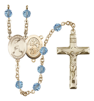 14 Karat Gold 6mm Austrian Crystal Saint Sebastian/Baseball Rosary in Aqua