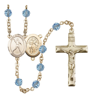14 Karat Gold 6mm Austrian Crystal Saint Sebastian/Football Rosary in Aqua