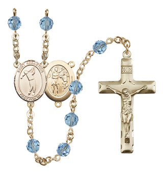14 Karat Gold 6mm Austrian Crystal Saint Sebastian/Golf Rosary in Aqua