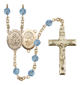 14 Karat Gold 6mm Austrian Crystal Saint Sebastian/Wrestling Rosary in Aqua