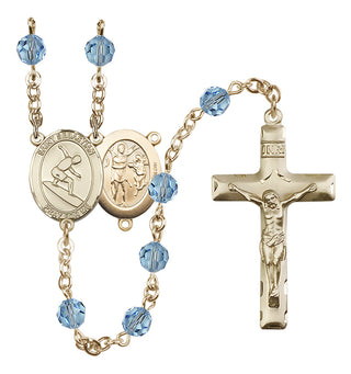 14 Karat Gold 6mm Austrian Crystal Saint Sebastian/Surfing Rosary in Aqua