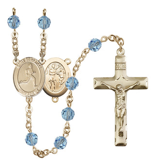 14 Karat Gold 6mm Austrian Crystal Saint Sebastian/Track & Field Rosary in Aqua