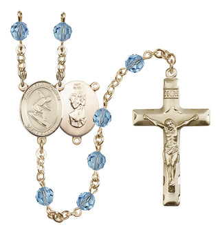 14 Karat Gold 6mm Austrian Crystal Saint Christopher/Surfing Rosary in Aqua