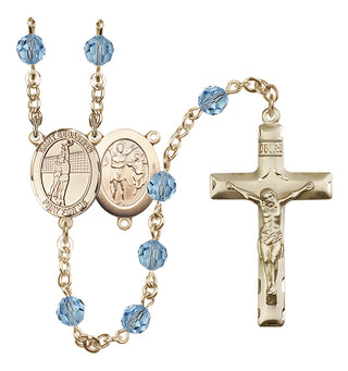 14 Karat Gold 6mm Austrian Crystal Saint Sebastian / Volleyball Rosary in Aqua