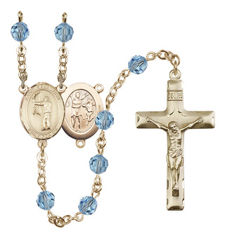 14 Karat Gold 6mm Austrian Crystal Saint Sebastian / Archery Rosary in Aqua