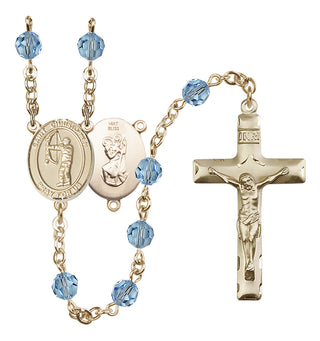 14 Karat Gold 6mm Austrian Crystal Saint Christopher/Archery Rosary in Aqua