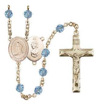 14 Karat Gold 6mm Austrian Crystal Saint Christopher / Skiing Rosary in Aqua