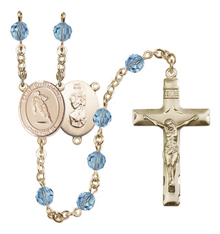 14 Karat Gold 6mm Austrian Crystal Saint Christopher / Rugby Rosary in Aqua