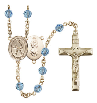 14 Karat Gold 6mm Austrian Crystal Saint Christopher / Field Hockey Rosary in Aqua