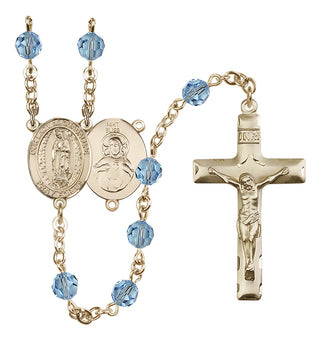 14 Karat Gold 6mm Austrian Crystal Our Lady of Guadalupe Rosary in Aqua