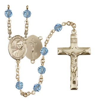 14 Karat Gold 6mm Austrian Crystal Saint John Paul II Rosary in Aqua