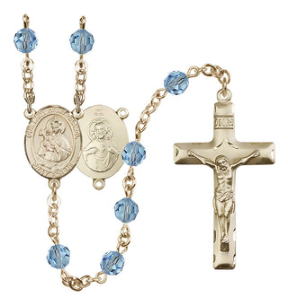 14 Karat Gold 6mm Austrian Crystal Our Lady of Mount Carmel Rosary in Aqua