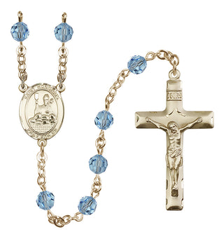 14 Karat Gold 6mm Austrian Crystal Saint Honorius of Amiens Rosary in Aqua