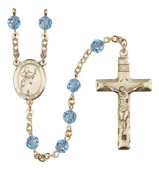 14 Karat Gold 6mm Austrian Crystal Saint Aidan of Lindesfarne Rosary in Aqua