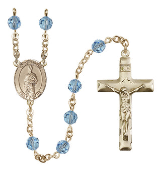 14 Karat Gold 6mm Austrian Crystal Saint Eligius Rosary in Aqua