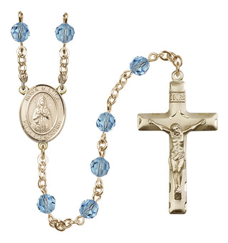14 Karat Gold 6mm Austrian Crystal Our Lady Rosa Mystica Rosary in Aqua