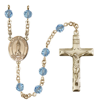 14 Karat Gold 6mm Austrian Crystal Our Lady of Kibeho Rosary in Aqua