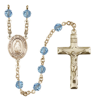 14 Karat Gold 6mm Austrian Crystal Our Lady of Good Help Rosary in Aqua